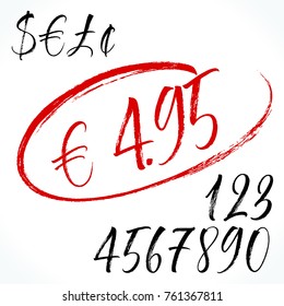 Brush lettering numbers, punctuation and currency symbols. Modern calligraphy, handwritten letters. Vector illustration.