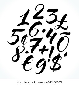 Brush lettering numbers, punctuation and currency symbols. Modern calligraphy, handwritten letters. Vector illustration.