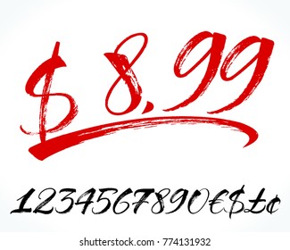 Brush lettering numbers, punctuation and currency symbols. Modern calligraphy, handwritten letters. Vector illustration.