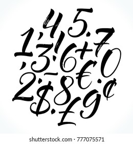 Brush lettering numbers, punctuation and currency symbols. Modern calligraphy, handwritten letters. Vector illustration.