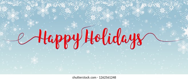 Brush lettering on a blue background with snowflakes Happy Holidays. Vector.