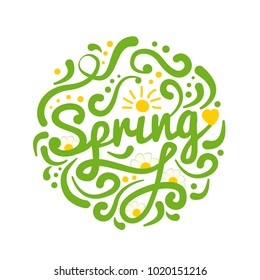 Brush lettering Spring isolated on white background. Sunny bright inscription with the daisies and the sun. You can use for greeting card, poster design