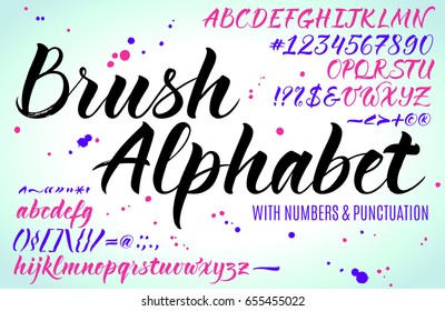 Brush lettering vector alphabet with numbers and punctuation. Modern calligraphy, handwritten letters. Vector illustration.