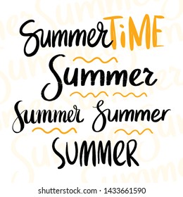 Brush lettering vector illustration of handwritten words Summer Time on white background with yellow text