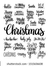 Brush lettering vector illustration of handwritten words Merry Christmas, New year, winter fun, ho ho ho, make a wish, Santa, holy joly and 2020 on white background