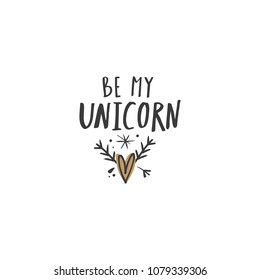 Brush letters, unicorn sign and stylized heart. Baby art style. Decor elements for your stuff and graphic design. Vector and jpg image. Clipart, isolated details.