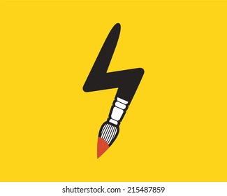 Brush with lightning on yellow background. Birth of idea. Vector illustration.