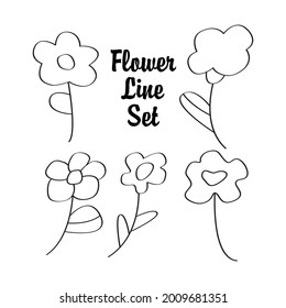 Brush line art flower set. Vector collection of five clip arts. Simple floral elements