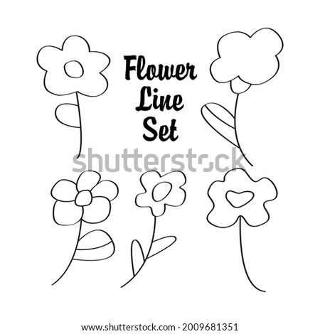 Brush line art flower set. Vector collection of five clip arts. Simple floral elements