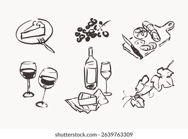 Brush line art food illustrations, wine sketched drawings, hand drawn graphic elements 