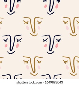 Brush line drawing abstract faces seamless pattern. Modern aesthetic print, minimalism, contour line art. Continuous with people faces. Vector illustration