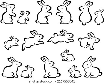 Brush line drawing style illustration set of rabbit parents and children in various poses