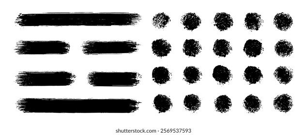 Brush line set. Vector abstract black ink grungy straight lines, circles, borders and frames. Textured paint strokes. Vintage clean accurate round brushstrokes pattern.  Hand drawn stamps background