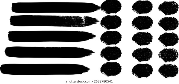 Brush line set. Vector abstract black ink grungy straight lines, circles, borders and frames