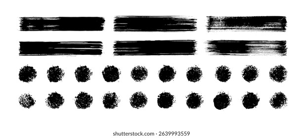 Brush line set. Vector abstract black ink grungy straight lines, circles, borders and frames. Textured paint strokes. Vintage clean accurate round brushstrokes pattern.  Hand drawn stamps background