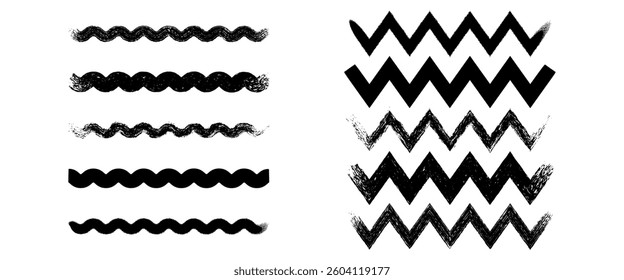 Brush line set. Vector calligraphy paint strokes. Vintage Chinese brushstrokes collection. Straight long hand drawn stripes background. Abstract black ink grungy lines