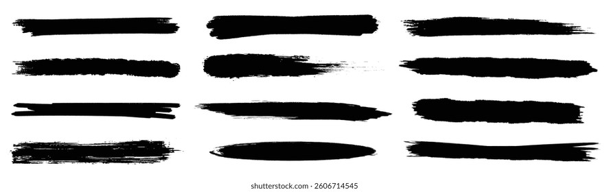 Brush line set. Vector calligraphy paint strokes. Vintage Chinese brushstrokes collection. Straight long hand drawn stripes background. Abstract black ink grungy lines, borders, emphasis underlines