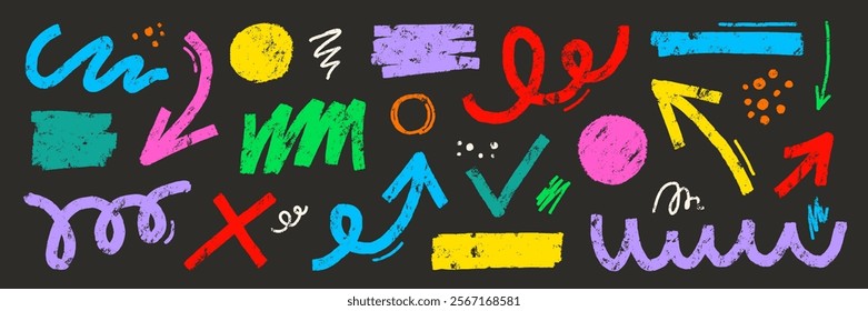 Brush line shape background abstract texture doodle set. Hand drawn sketch crayon scribble brush geometric shape color chalk effect background. Abstract arrow, circle, zigzag vector illustration