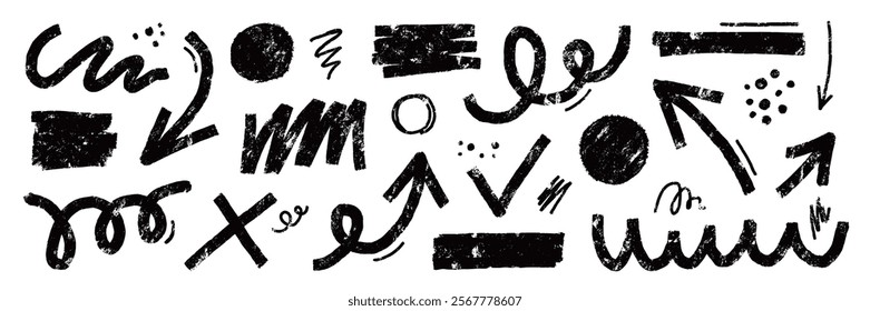 Brush line shape background abstract texture paint set. Hand drawn sketch doodle scribble brush geometric shape crayon effect background. Abstract arrow, circle, zigzag vector illustration.