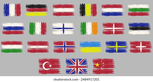 Brush line stroke european country flag. Hand drawn rough Scribble Texture grunge effect lines. Grunge crayon EU flag stamp. Pencil, marker stroke paint. Vector illustration