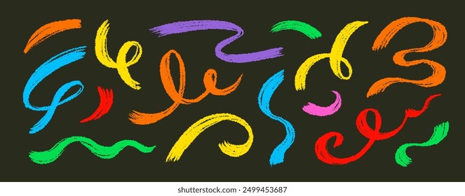 Brush line stroke squiggly paint set. Hand drawn doodle swirl wave brush curly charcoal stroke. Line squiggly paint curly hand drawn ink calligraphy elements. Vector illustration.