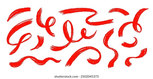 Brush line stroke squiggly paint set. Hand drawn doodle swirl wave brush curly charcoal stroke. Line squiggly paint curly hand drawn ink calligraphy elements. Vector illustration.