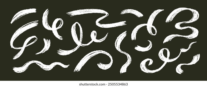 Brush line stroke squiggly paint set on chalkboard. Hand drawn doodle swirl wave brush curly charcoal stroke. Line squiggly paint curly hand drawn ink calligraphy elements. Vector illustration.