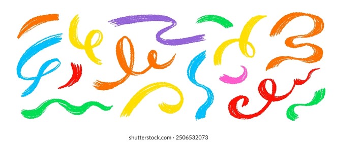 Juego de pinturas onduladas de trazo de línea de pincel. Dibujado a mano doodle remolino onda cepillo rizado carbón de carrera. Elementos de caligrafía de tinta dibujados a mano rizados de pintura ondulada. Ilustración vectorial.