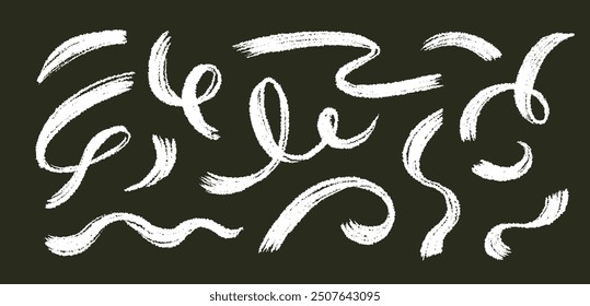 Brush line stroke squiggly paint set on chalkboard. Hand drawn doodle swirl wave brush curly charcoal stroke. Line squiggly paint curly hand drawn ink calligraphy elements. Vector illustration.