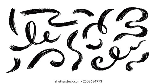 Brush line stroke squiggly paint set. Hand drawn doodle swirl wave brush curly charcoal stroke. Line squiggly paint curly hand drawn ink calligraphy elements. Vector illustration.