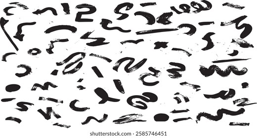 Brush line stroke squiggly paint set. Hand drawn doodle swirl wave brush curly charcoal stroke.