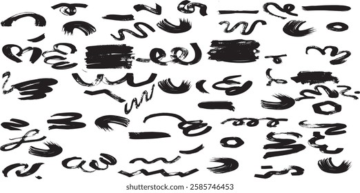 Brush line stroke squiggly paint set. Hand drawn doodle swirl wave brush curly charcoal stroke.