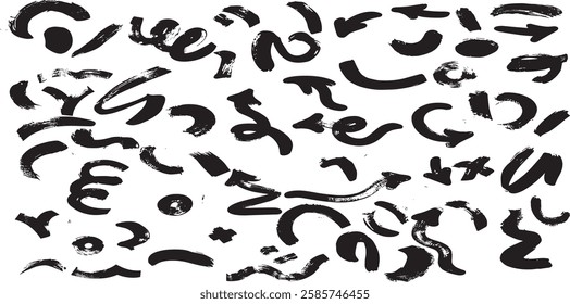 Brush line stroke squiggly paint set. Hand drawn doodle swirl wave brush curly charcoal stroke.