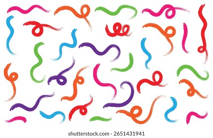 Traçado da linha do pincel uniformemente pintado no quadro-negro. Desenhado à mão rabiscar onda espiral escova curly carvão traço. Elementos de caligrafia de tinta desenhada à mão curvilínea de pintura de linha. Ilustração vetorial. 