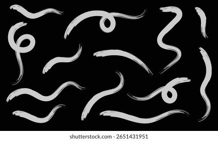 Traçado da linha do pincel uniformemente pintado no quadro-negro. Desenhado à mão rabiscar onda espiral escova curly carvão traço. Elementos de caligrafia de tinta desenhada à mão curvilínea de pintura de linha. Ilustração vetorial. 