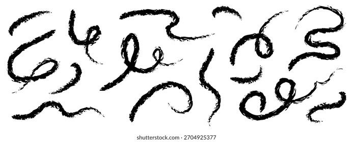 Pincelada de línea de pincel Vector de iconos de pintura ondulada. Dibujado a mano doodle remolino de onda cepillo de carbón rizado símbolo de trazo. Ilustración vectorial.