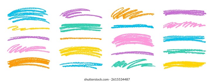 Brush line stroke vector. Color pencil, marker, crayon paint texture highlight. Pen, chalk hand drawn underline, mark. Line, stroke, stripe, shape scribble set. Sketch color brush, crayon, pencil bg