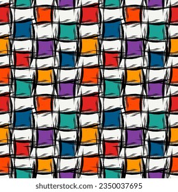 Brush lines and checks seamless pattern. Freehand stripes and shapes print. Mosaic background. Simple geometric motif. Abstract ornament. Ethnic backdrop. Tribal textile print. Trendy vector art