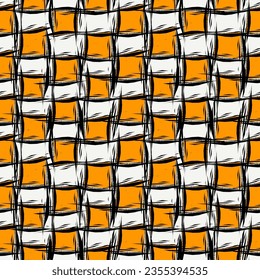 Brush lines and checks seamless pattern. Freehand stripes and shapes print. Mosaic background. Simple geometric motif. Abstract ornament. Ethnic backdrop. Tribal textile print. Trendy vector art