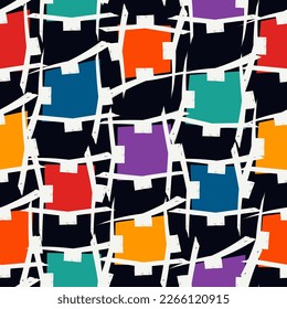 Brush lines and figures seamless pattern. Freehand stripes and shapes print. Mosaic background. Geometric motif. Abstract ornament. Ethnic digital paper. Tribal textile print. Trendy vector.