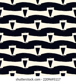 Brush lines seamless pattern. Freehand repeated stripes print. Wavy linear background. Simple geometric motif. Curves image. Ethnic digital paper. Textile print. Trendy web design. Vector artwork.