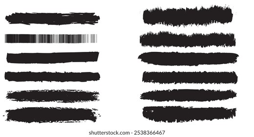 Brush lines set. Vector black paint brush spots, highlighter lines or felt tip pen marker. Ink smudge abstract shape stains and smear set with texture. Vector illustration. EPS 10.