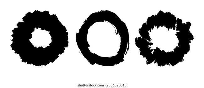 Brush lines set. Vector black paint brush spots in the form of circles, highlighter lines or felt-tip pen marker. Ink smudge abstract shape stains and smear set in the form of circles with texture