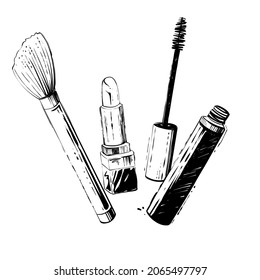 Brush, lipstick and mascara, monochrome vector illustration