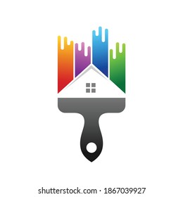 brush logo with silhouettes of windows and roofs of houses in negative space. brush and home icon