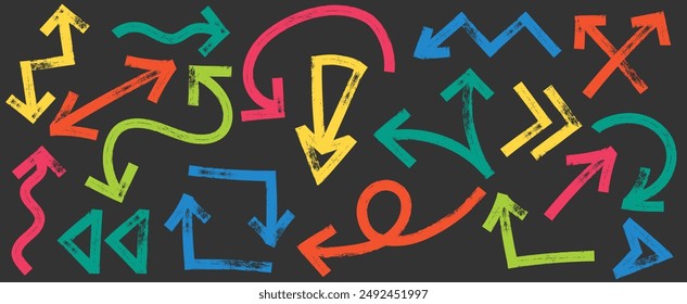 Brush, marker drawn bold arrows set. Collection of colorful hand drawn doodle thick arrows in different directions.
