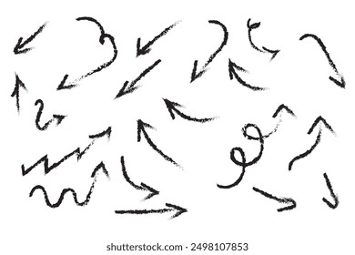 Brush, marker drawn bold arrows set. Collection of hand drawn doodle thick arrows in different directions.