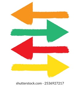 Brush, marker drawn bold arrows set. Collection of hand drawn doodle thick arrows in different directions.