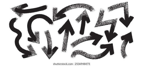 Brush, marker drawn bold arrows set. Collection of hand drawn doodle thick arrows in different directions.