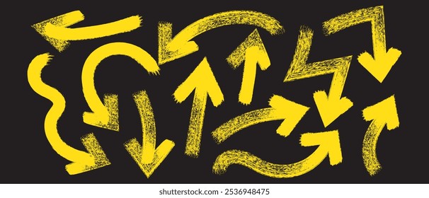 Brush, marker drawn bold arrows set. Collection of hand drawn doodle thick arrows in different directions.